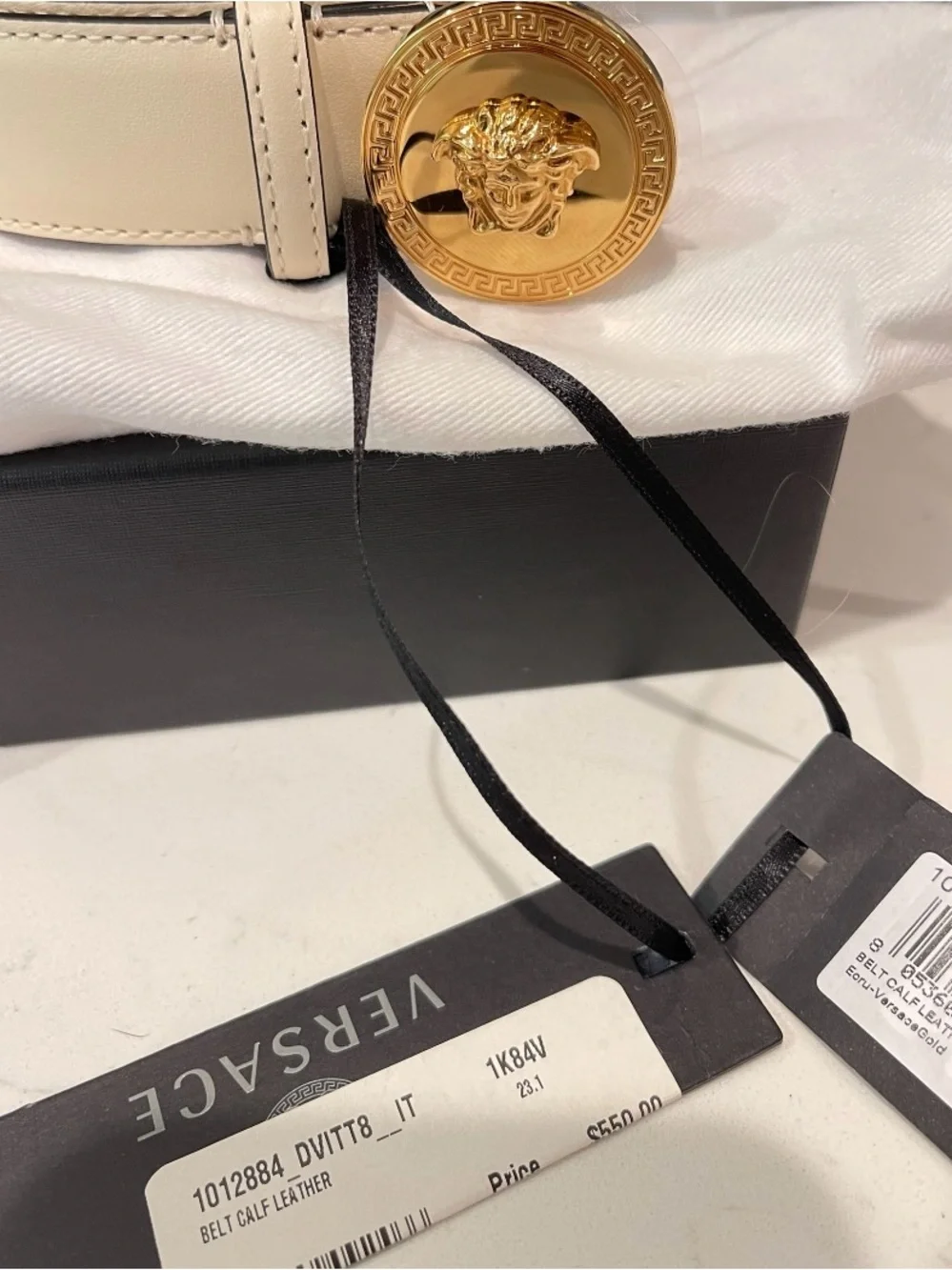 Versace NWT Cream Leather Belt with Gold Medusa Coin Buckle